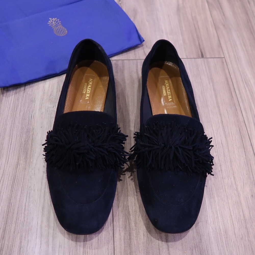 Aquazzura Navy Blue Suede Fringe Loafers Flats